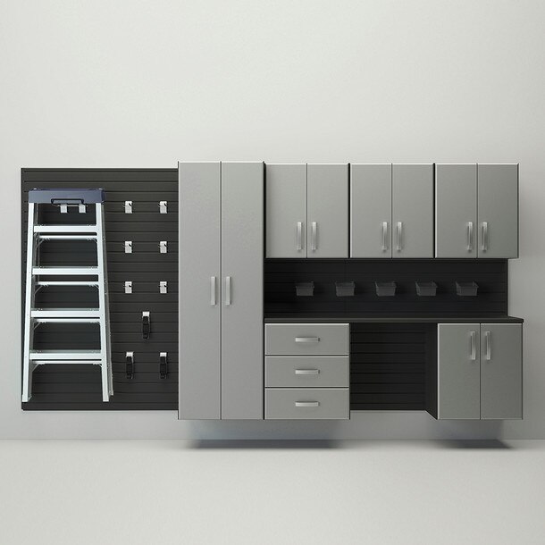 24 Piece Slatwall Panel, Tall Cabinet, Bin, Hook & Jumbo Workstation Storage Set - Black Slatwall / Silver Cabinets