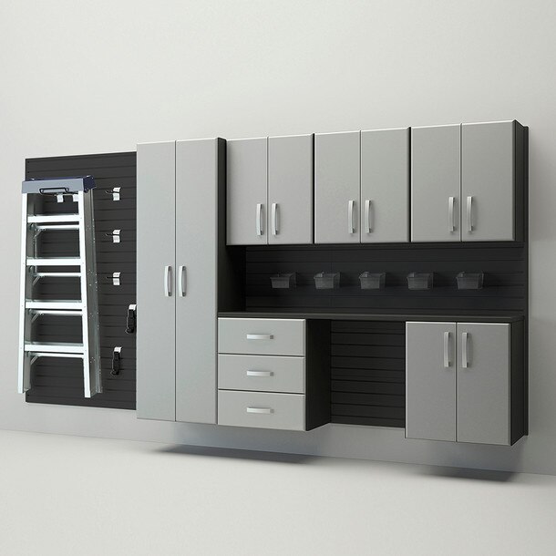 24 Piece Slatwall Panel, Tall Cabinet, Bin, Hook & Jumbo Workstation Storage Set - Black Slatwall / Silver Cabinets