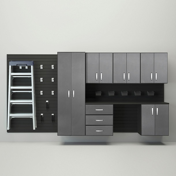 24 Piece Slatwall Panel, Tall Cabinet, Bin, Hook & Jumbo Workstation Storage Set - Black Slatwall / Graphite Carbon Cabinets