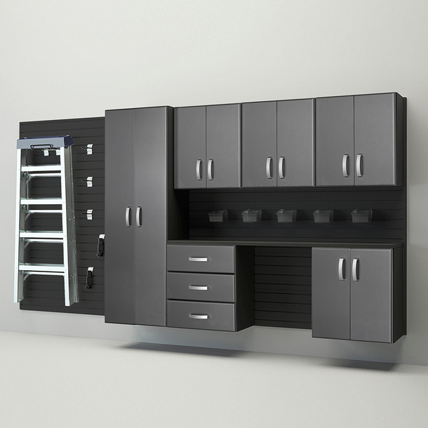 24 Piece Slatwall Panel, Tall Cabinet, Bin, Hook & Jumbo Workstation Storage Set - Black Slatwall / Graphite Carbon Cabinets
