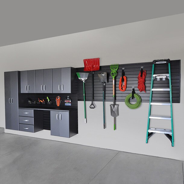 24 Piece Slatwall Panel, Tall Cabinet, Bin, Hook & Jumbo Workstation Storage Set - Black Slatwall / Graphite Carbon Cabinets