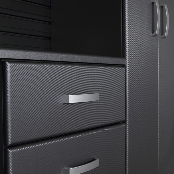 24 Piece Slatwall Panel, Tall Cabinet, Bin, Hook & Jumbo Workstation Storage Set - Black Slatwall / Graphite Carbon Cabinets