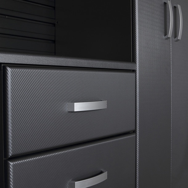 24 Piece Slatwall Panel, Tall Cabinet, Bin, Hook & Jumbo Workstation Storage Set - Black Slatwall / Graphite Carbon Cabinets