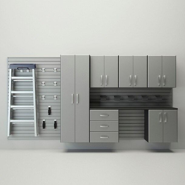 24 Piece Slatwall Panel, Tall Cabinet, Bin, Hook & Jumbo Workstation Storage Set - Silver cabinets with silver