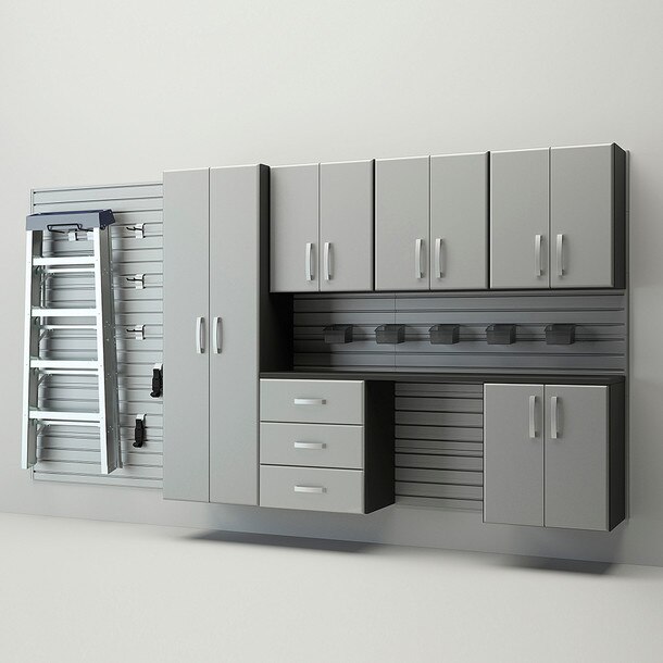 24 Piece Slatwall Panel, Tall Cabinet, Bin, Hook & Jumbo Workstation Storage Set - Silver cabinets with silver