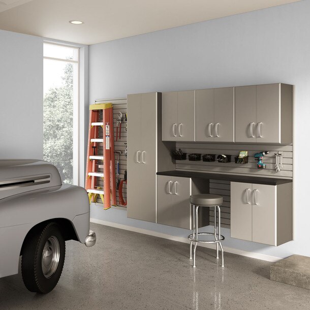 24 Piece Slatwall Panel, Tall Cabinet, Bin, Hook & Jumbo Workstation Storage Set - Silver cabinets with silver
