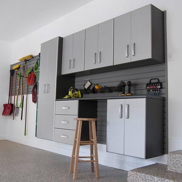 24 Piece Slatwall Panel, Tall Cabinet, Bin, Hook & Jumbo Workstation Storage Set - Silver cabinets with silver