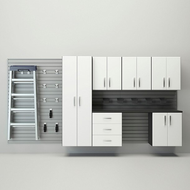 24 Piece Slatwall Panel, Tall Cabinet, Bin, Hook & Jumbo Workstation Storage Set - Silver Slatwall / White Cabinets