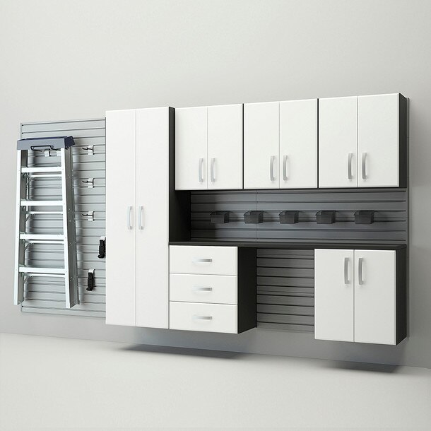 24 Piece Slatwall Panel, Tall Cabinet, Bin, Hook & Jumbo Workstation Storage Set - Silver Slatwall / White Cabinets