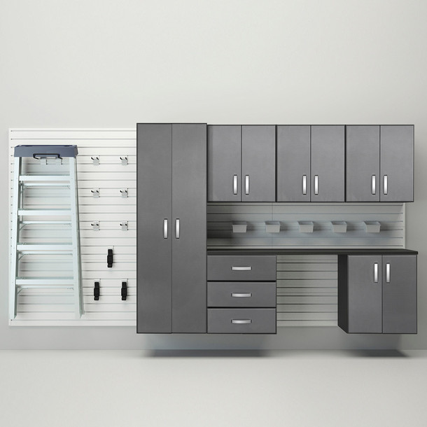 24 Piece Slatwall Panel, Tall Cabinet, Bin, Hook & Jumbo Workstation Storage Set - White Slatwall / Graphite Carbon Cabinets