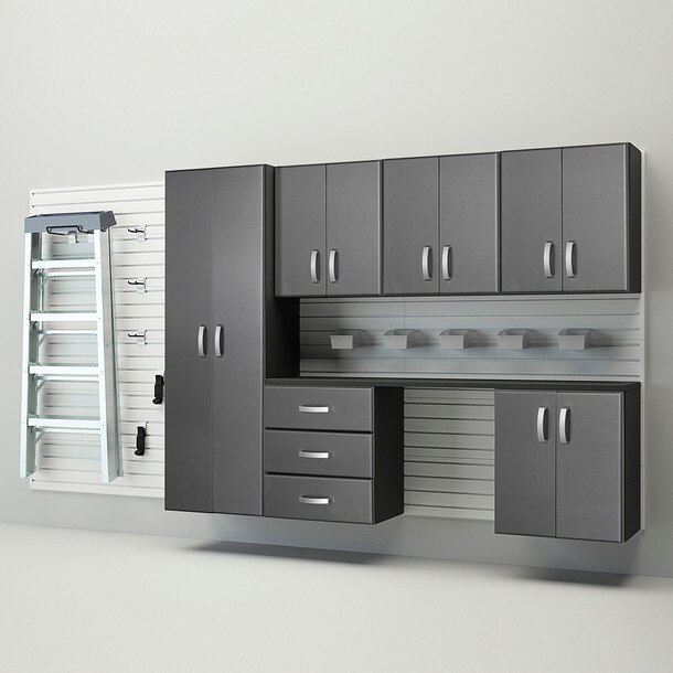 24 Piece Slatwall Panel, Tall Cabinet, Bin, Hook & Jumbo Workstation Storage Set - White Slatwall / Graphite Carbon Cabinets