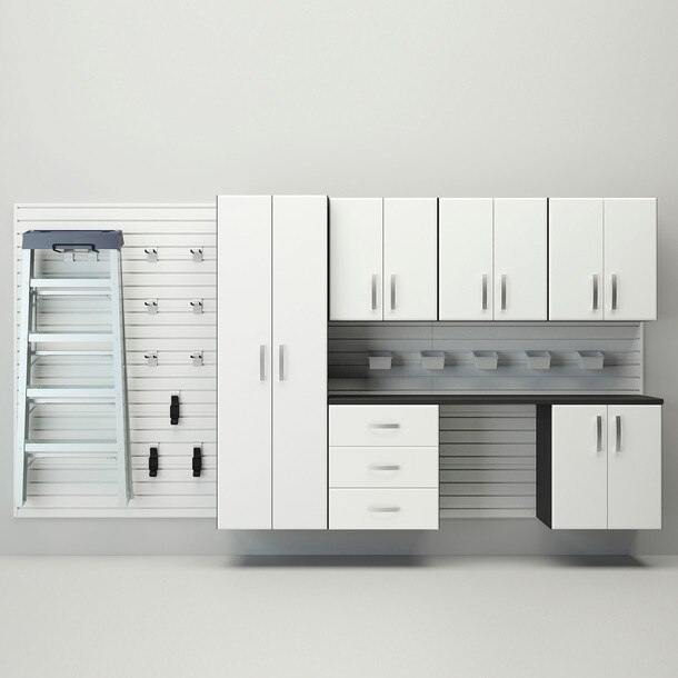 24 Piece Slatwall Panel, Tall Cabinet, Bin, Hook & Jumbo Workstation Storage Set - White Slatwall / White Cabinets