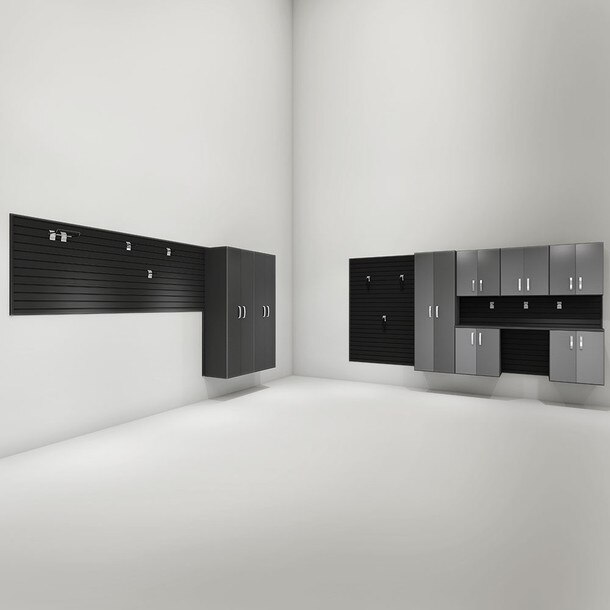 23 Piece Slatwall Panel, Tall Cabinet, Hook & Jumbo Workstation Storage Set - Black Slatwall / Graphite Carbon Cabinets