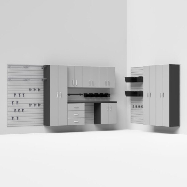 53 Piece Slatwall Panel, Tall Cabinet, Shelf, Bin, Hook & Jumbo Workstation Storage Set - Silver Slatwall / Silver Cabinets