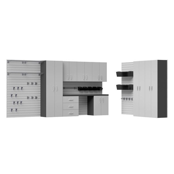 53 Piece Slatwall Panel, Tall Cabinet, Shelf, Bin, Hook & Jumbo Workstation Storage Set - Silver Slatwall / Silver Cabinets