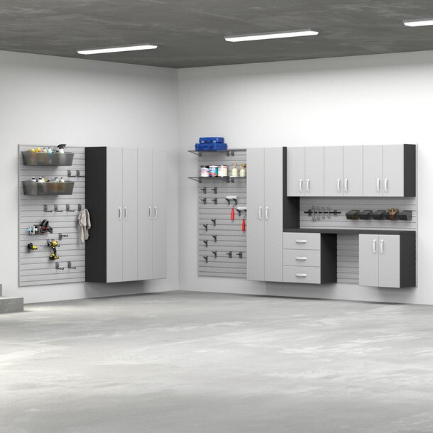 53 Piece Slatwall Panel, Tall Cabinet, Shelf, Bin, Hook & Jumbo Workstation Storage Set - Silver Slatwall / Silver Cabinets