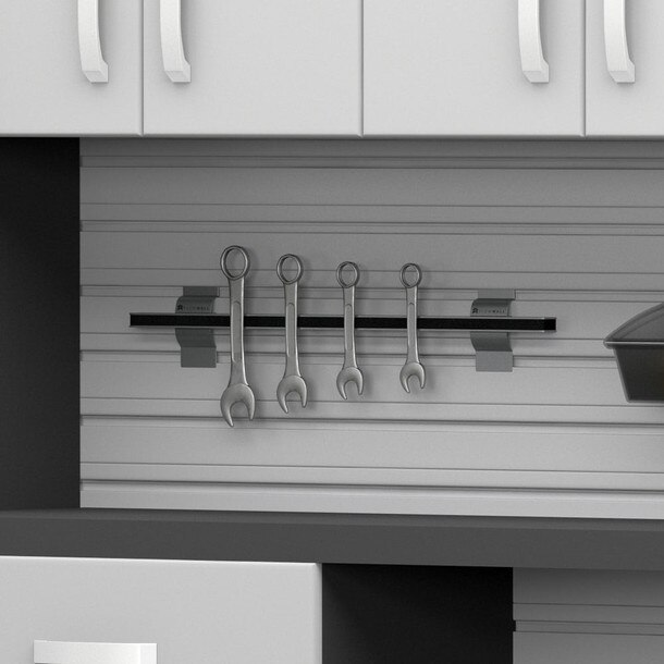 53 Piece Slatwall Panel, Tall Cabinet, Shelf, Bin, Hook & Jumbo Workstation Storage Set - Silver Slatwall / Silver Cabinets