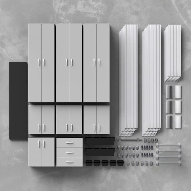53 Piece Slatwall Panel, Tall Cabinet, Shelf, Bin, Hook & Jumbo Workstation Storage Set - Silver Slatwall / Silver Cabinets
