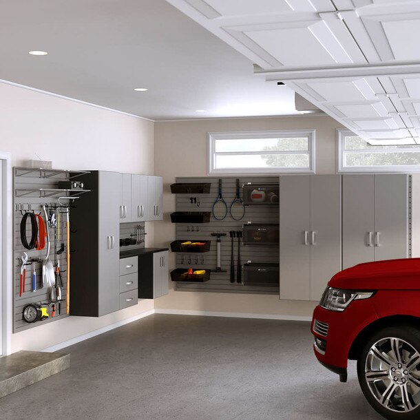 53 Piece Slatwall Panel, Tall Cabinet, Shelf, Bin, Hook & Jumbo Workstation Storage Set - Silver Slatwall / Silver Cabinets