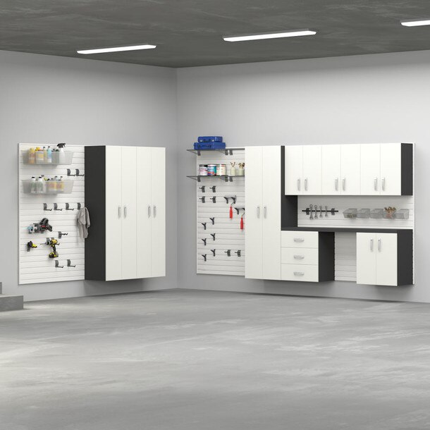 53 Piece Slatwall Panel, Tall Cabinet, Shelf, Bin, Hook & Jumbo Workstation Storage Set - White Slatwall / White Cabinets