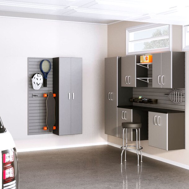 21 Piece Slatwall Panel, Tall Cabinet, Shelf, Bin, Hook & Large Workstation Storage Set - Silver Slatwall / Silver Cabintets