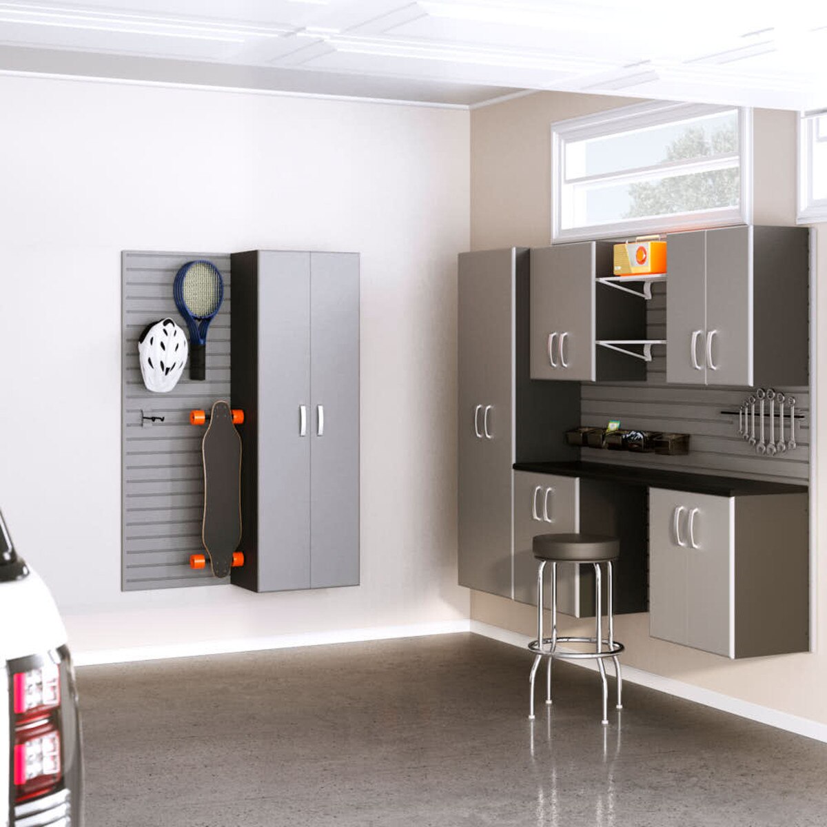 Flow Wall 7 Piece Cabinet and Shelf Set - Silver/ Silver