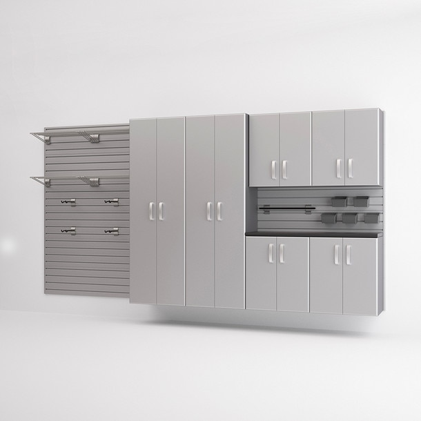 21 Piece Slatwall Panel, Tall Cabinet, Shelf, Bin, Hook & Large Workstation Storage Set - Silver Slatwall / Silver Cabintets
