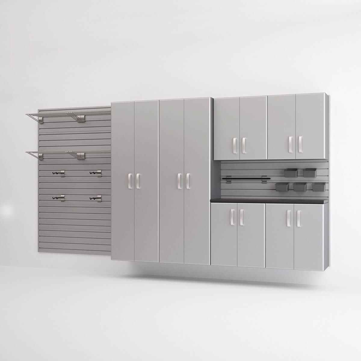Flow Wall 7 Piece Cabinet and Shelf Set - Silver/ Silver