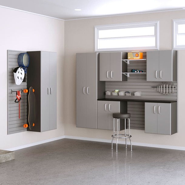 21 Piece Slatwall Panel, Tall Cabinet, Shelf, Bin, Hook & Large Workstation Storage Set - Silver Slatwall / Silver Cabintets