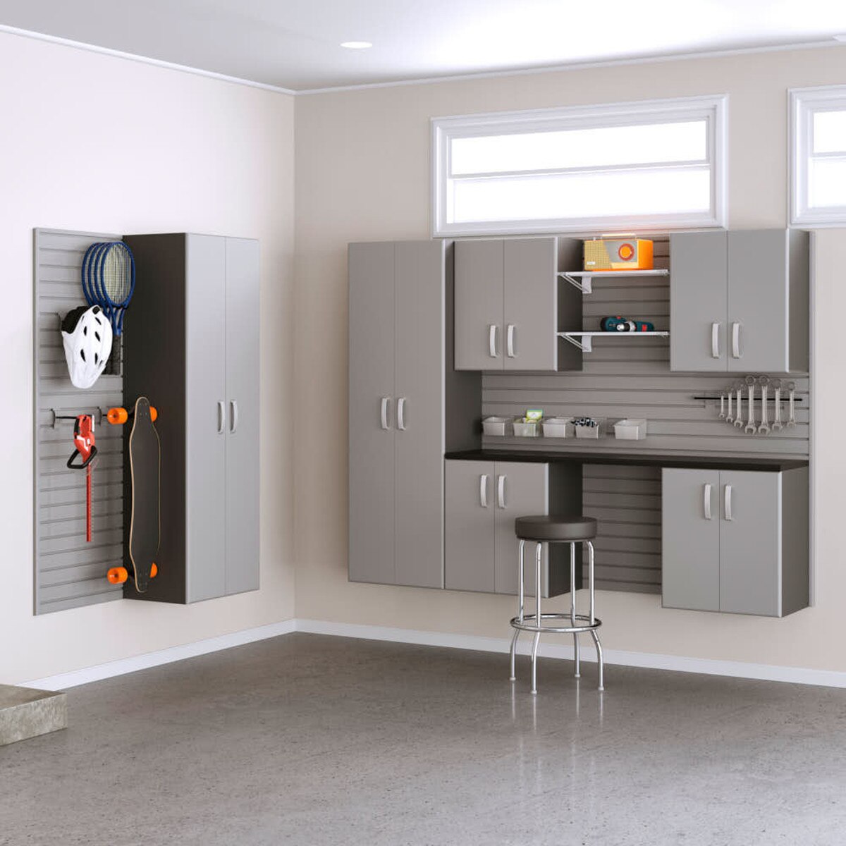 Flow Wall 7 Piece Cabinet and Shelf Set - Silver/ Silver