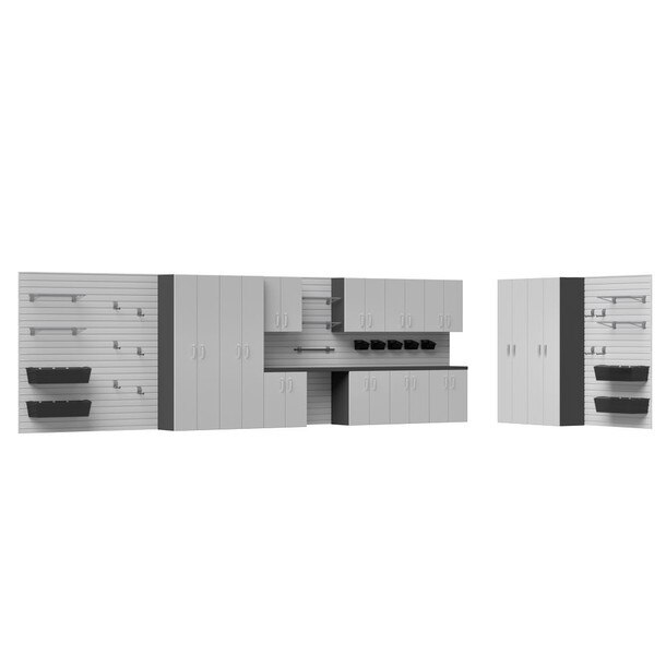 42 Piece Slatwall, Tall Cabinet, Shelf, Bin, Hook & Workstation Storage Set - Silver Slatwall / Silver Cabinets