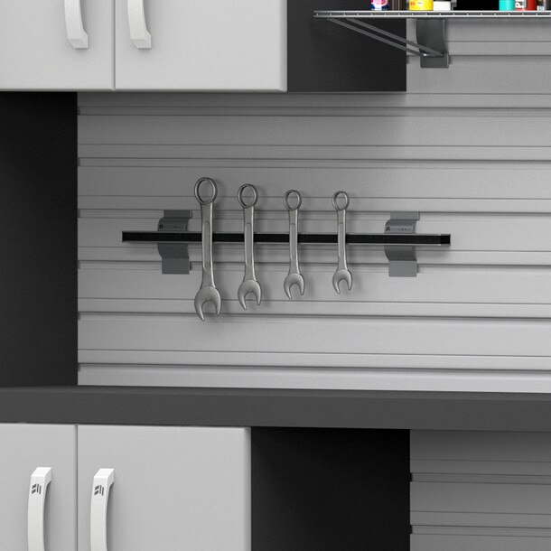 42 Piece Slatwall, Tall Cabinet, Shelf, Bin, Hook & Workstation Storage Set - Silver Slatwall / Silver Cabinets