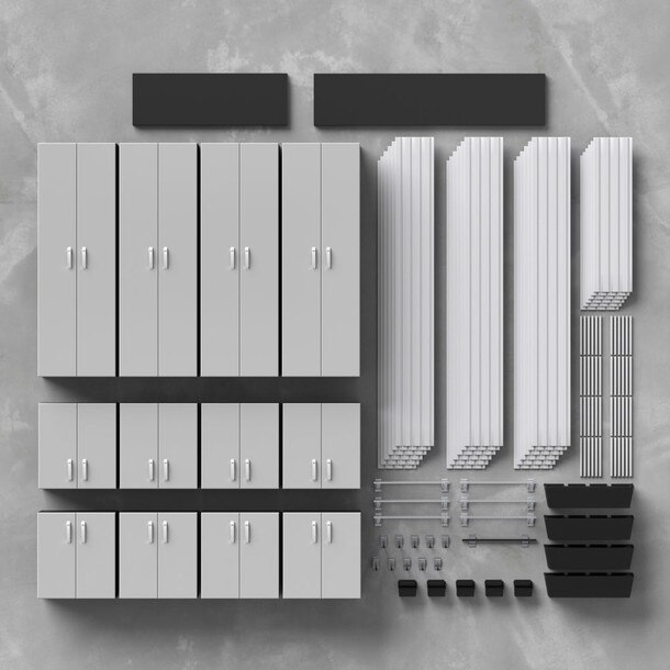 42 Piece Slatwall, Tall Cabinet, Shelf, Bin, Hook & Workstation Storage Set - Silver Slatwall / Silver Cabinets