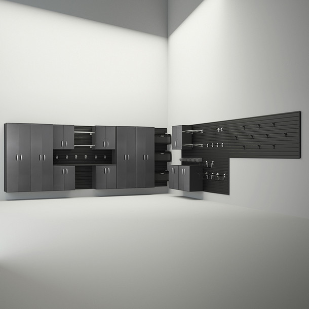 50 Piece Slatwall Panel, Tall Cabinet, Shelf, Bin, Hook & Workstation Storage Set - Black Slatwall / Graphite Carbon Cabinets