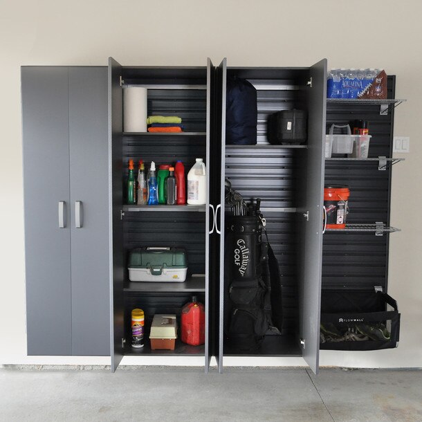 50 Piece Slatwall Panel, Tall Cabinet, Shelf, Bin, Hook & Workstation Storage Set - Black Slatwall / Graphite Carbon Cabinets