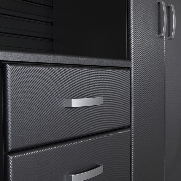 50 Piece Slatwall Panel, Tall Cabinet, Shelf, Bin, Hook & Workstation Storage Set - Black Slatwall / Graphite Carbon Cabinets