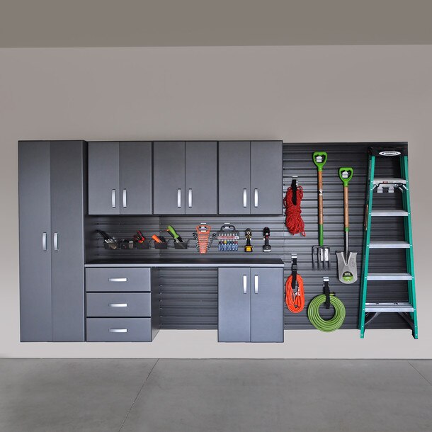 50 Piece Slatwall Panel, Tall Cabinet, Shelf, Bin, Hook & Workstation Storage Set - Black Slatwall / Graphite Carbon Cabinets