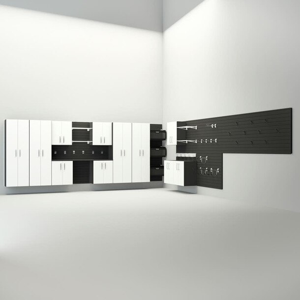 50 Piece Slatwall Panel, Tall Cabinet, Shelf, Bin, Hook & Workstation Storage Set - Black Slatwall / White Cabinets