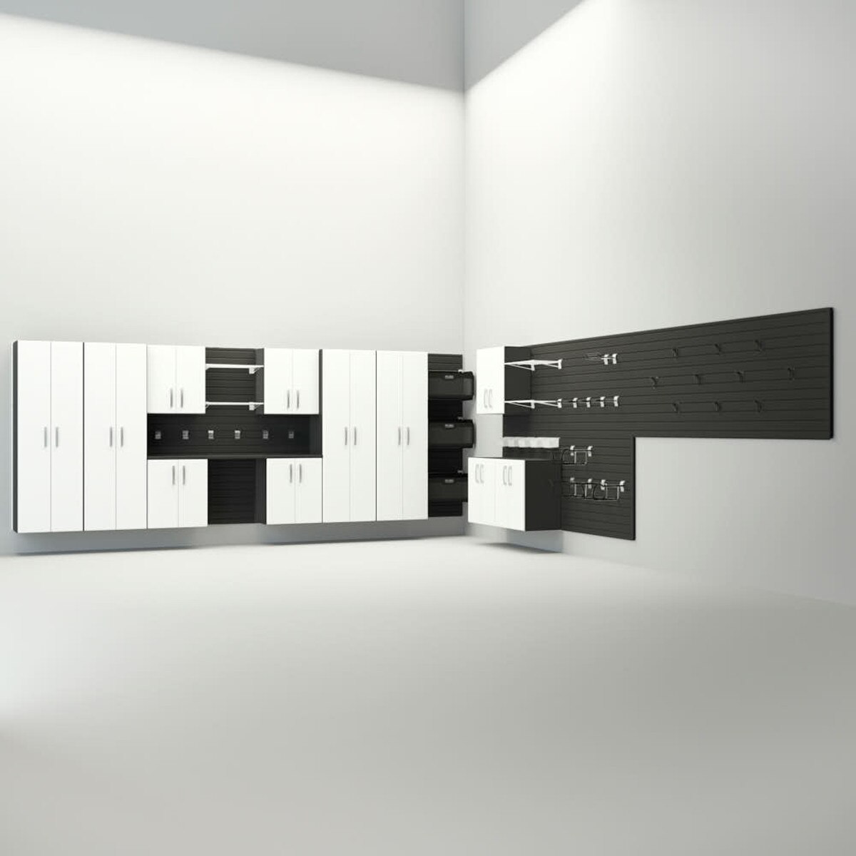 50 Piece Slatwall Panel, Tall Cabinet, Shelf, Bin, Hook & Workstation Storage Set - Black Slatwall / White Cabinets