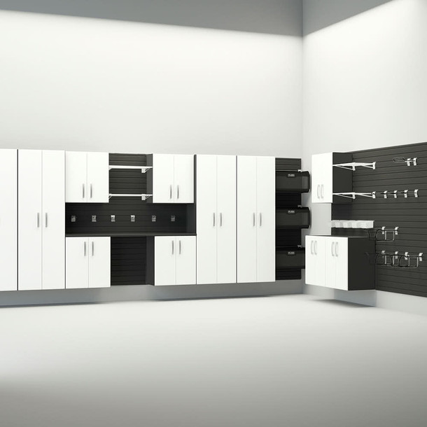 50 Piece Slatwall Panel, Tall Cabinet, Shelf, Bin, Hook & Workstation Storage Set - Black Slatwall / White Cabinets