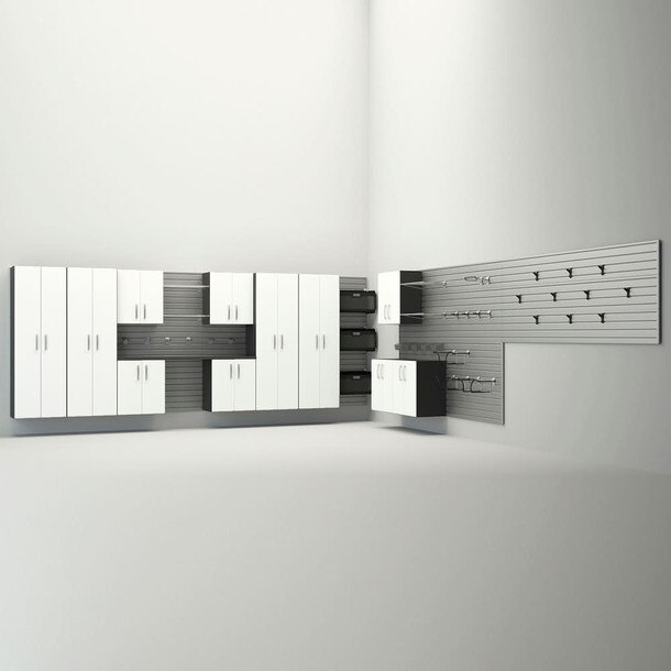 50 Piece Slatwall Panel, Tall Cabinet, Shelf, Bin, Hook & Workstation Storage Set - Silver Slatwall / White Cabinets