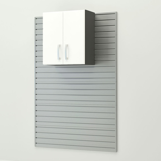 50 Piece Slatwall Panel, Tall Cabinet, Shelf, Bin, Hook & Workstation Storage Set - Silver Slatwall / White Cabinets