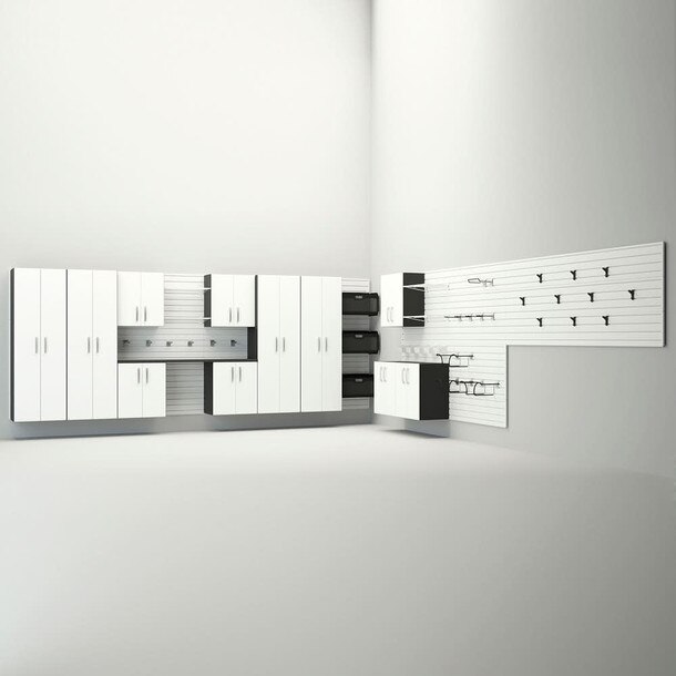 50 Piece Slatwall Panel, Tall Cabinet, Shelf, Bin, Hook & Workstation Storage Set - White Slatwall / White Cabinets