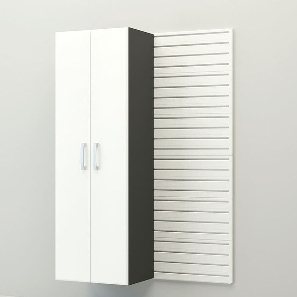 50 Piece Slatwall Panel, Tall Cabinet, Shelf, Bin, Hook & Workstation Storage Set - White Slatwall / White Cabinets