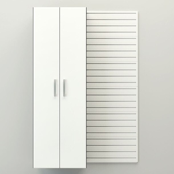 50 Piece Slatwall Panel, Tall Cabinet, Shelf, Bin, Hook & Workstation Storage Set - White Slatwall / White Cabinets