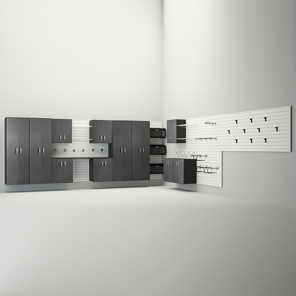50 Piece Slatwall Panel, Tall Cabinet, Shelf, Bin, Hook & Workstation Storage Set - White Slatwall / Graphite Carbon Cabinets