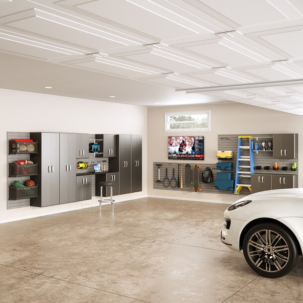 50 Piece Slatwall Panel, Tall Cabinet, Shelf, Bin, Hook & Workstation Storage Set - White Slatwall / Graphite Carbon Cabinets