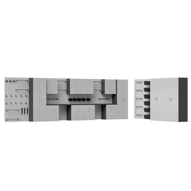 73 Piece Slatwall Panel, Cabinet, Shelf, Bin, Hook & Workstation Storage Set - Silver Slatwall / Silver Cabinets