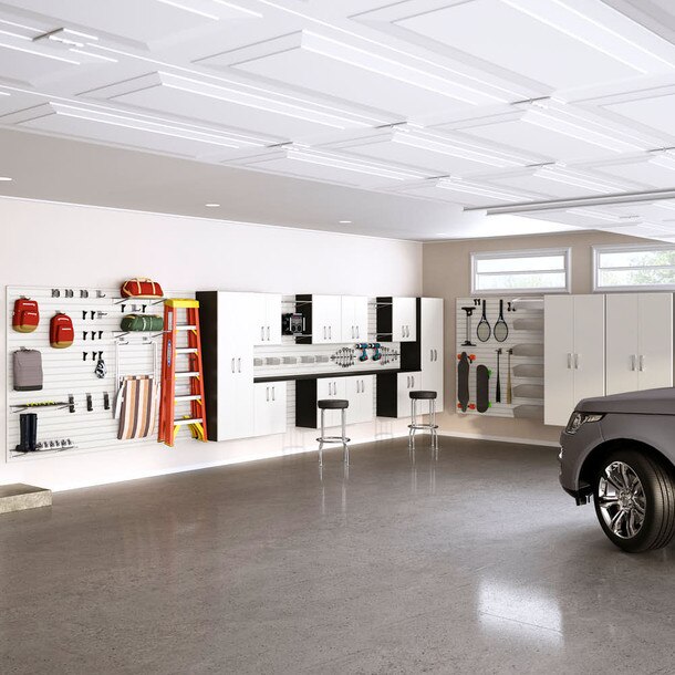 73 Piece Slatwall Panel, Cabinet, Shelf, Bin, Hook & Workstation Storage Set - White Slatwall / White Cabinets