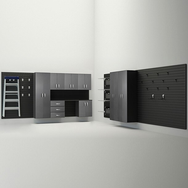 34 Piece Slatwall Panel, Tall Cabinet, Shelf, Bin, Hook & Jumbo Workstation Storage Set - Black Slatwall / Grpahite Carbon Cabinets